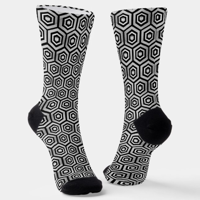Crew Socks Black White Hexagon Geometric Pattern (Angled)