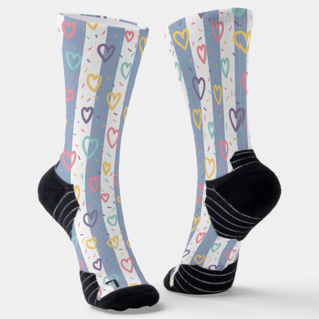 Crew Socks Pink & White Stripe Colorful Hearts (Angled)