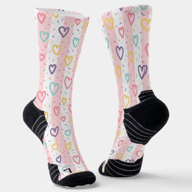 Crew Socks Pink & White Stripe Colorful Hearts  (Angled)