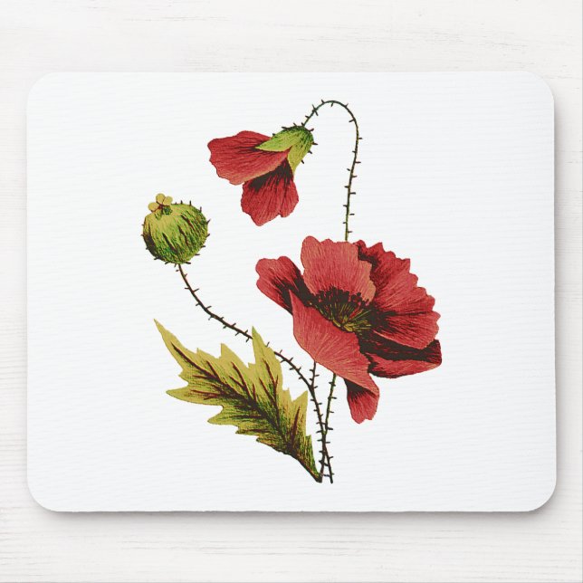 Crewel Embroidery Red Poppy Mouse Mat (Front)