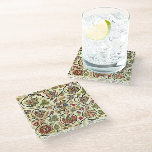 Crewel Work Embroidery Fruit and Flowers Glass Coaster (Angled)