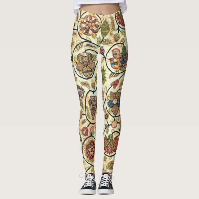 Crewel Work Embroidery Fruit and Flowers Leggings (Front)