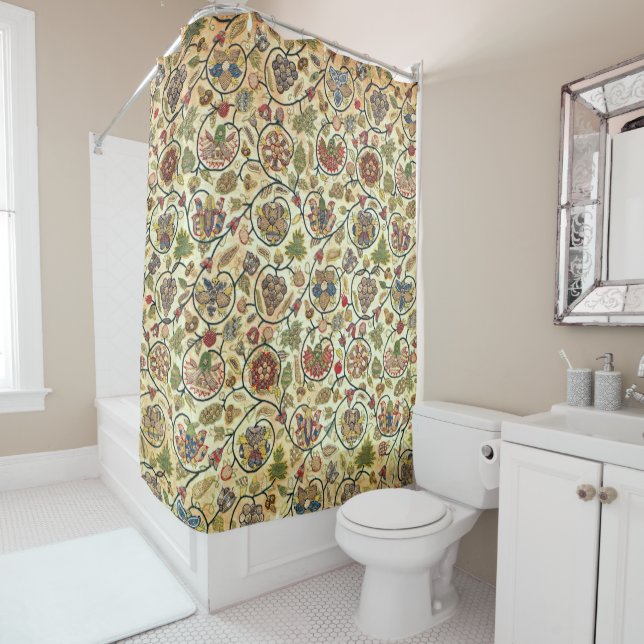 Crewel Work Embroidery Fruit and Flowers Shower Curtain (In Situ)