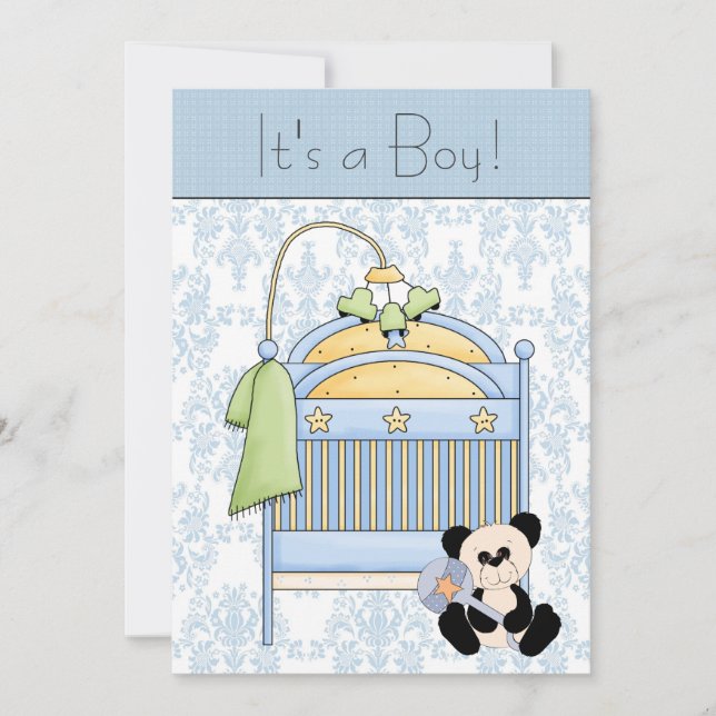 Crib Teddy Bear Blue Damask Baby Shower Invitation (Front)