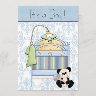 Crib Teddy Bear Blue Damask Baby Shower Invitation