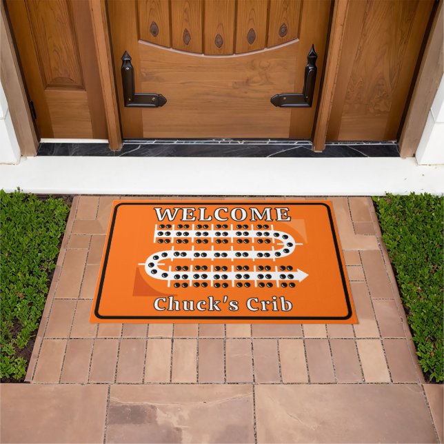 Cribbage Board Personalized Orange Welcome Crib Doormat (Outdoor)