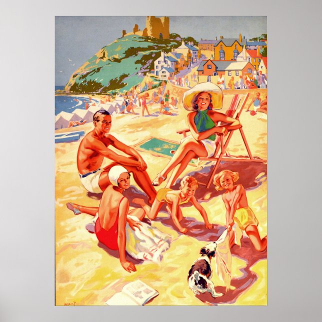 Criccieth beach, Wales, family, vacation, vintage Poster (Front)