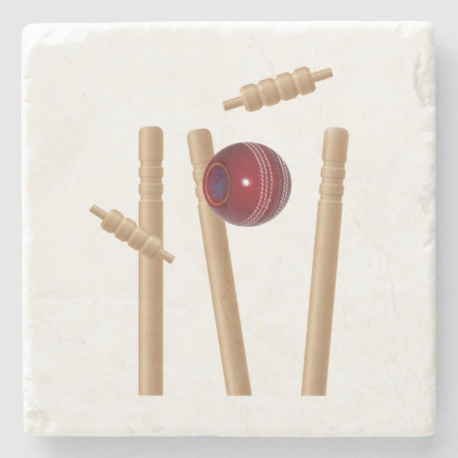 Cricket Ball And Stumps, Stone Coaster (Front)