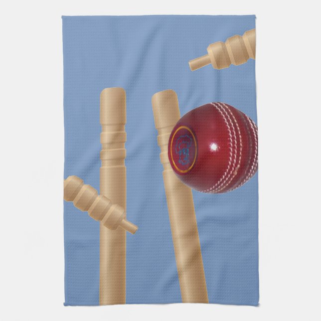 Cricket Ball Hitting Stumps, Tea Towel (Vertical)