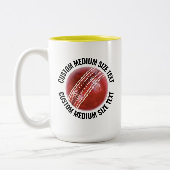 Cricket Ball & Medium Text YELLOW 15oz Custom Two-Tone Coffee Mug (Left)