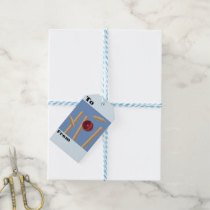Cricket Ball On Blue Smashing Cricket Stumps, Gift Tags