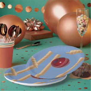 Cricket Ball On Blue Smashing Cricket Stumps, Paper Plate