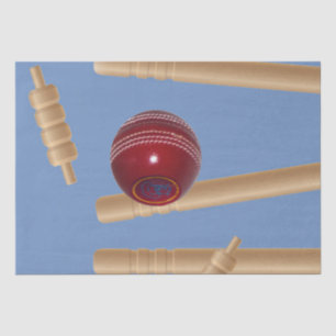 Cricket Ball On Blue Smashing Cricket Stumps, Tissue Paper