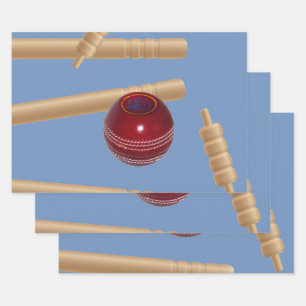 Cricket Ball On Blue Smashing Cricket Stumps, Wrapping Paper Sheet