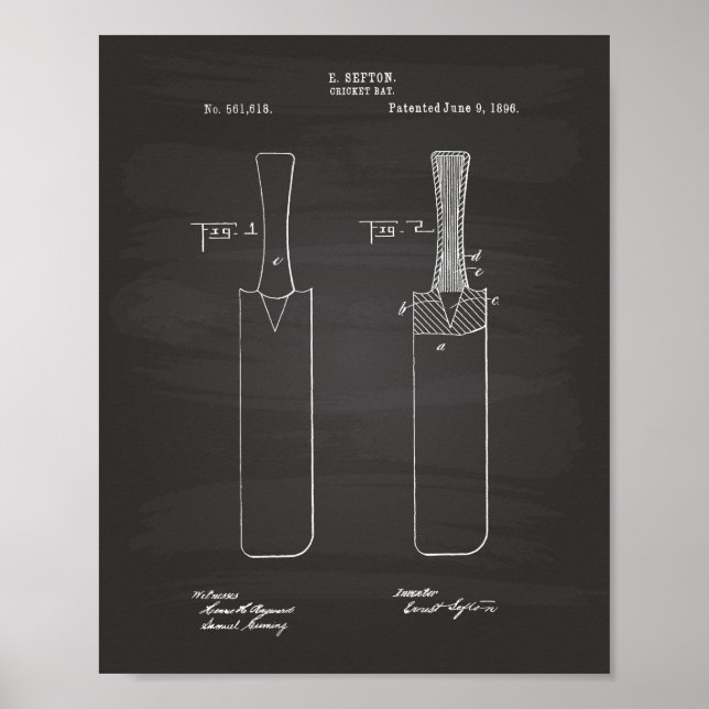 Cricket Bat 1886 Patent Art Chalkboard Poster (Front)