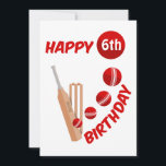 Cricket Bat and Ball Kids Birthday Holiday Card<br><div class="desc">This design has an illustration of a cricket bat,  wickets and ball. The ball has been hit for six. The design can be customised with a cricket loving child's birthday age and name. A personalised cricket design for kids birthday parties.</div>