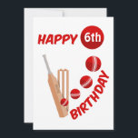 Cricket Bat and Ball Kids Birthday Holiday Card<br><div class="desc">This design has an illustration of a cricket bat,  wickets and ball. The ball has been hit for six. The design can be customised with a cricket loving child's birthday age and name. A personalised cricket design for kids birthday parties.</div>