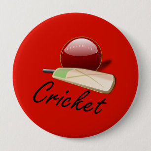 Cricket bat and ball, labelled, 10 cm round badge