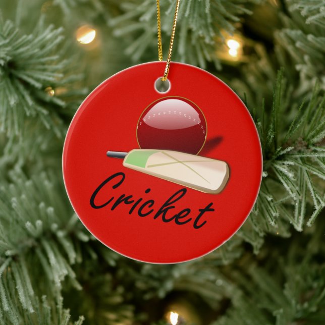 Cricket bat and ball, labelled, ceramic tree decoration (Tree)