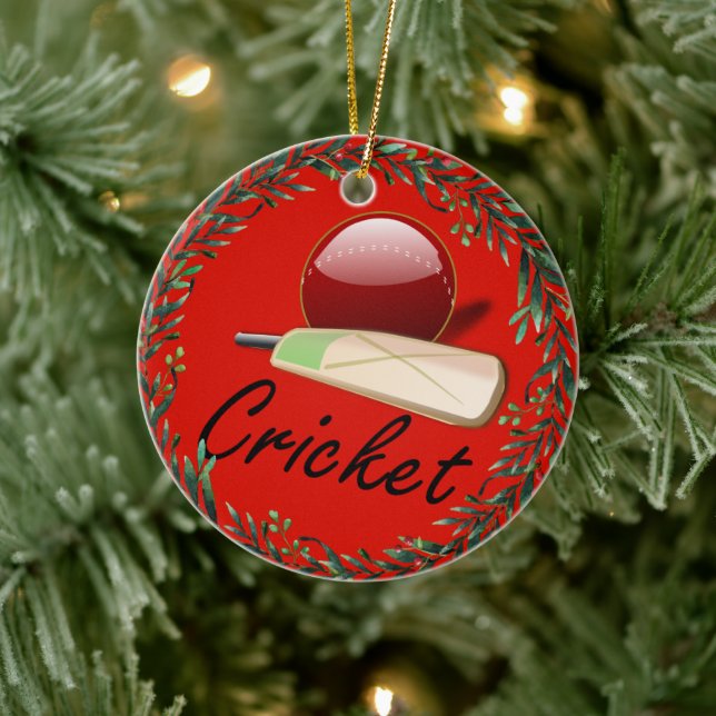 Cricket bat and ball, labelled, ceramic tree decoration (Tree)