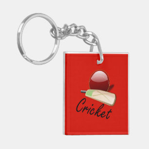 Cricket bat and ball, labelled, key ring
