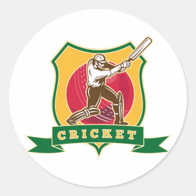 cricket batsman silhouette batting ball shield classic round sticker (Front)