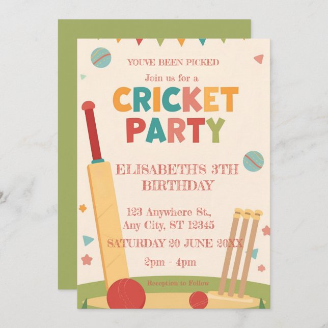Cricket Birthday Party Sports Invitation (Front/Back)