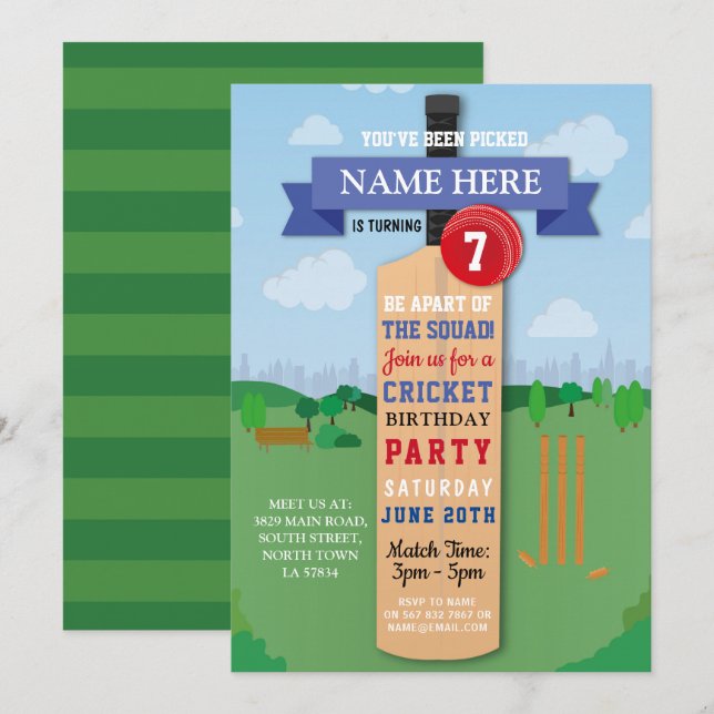 Cricket Birthday Party Sports Winner Match Invitation (Front/Back)
