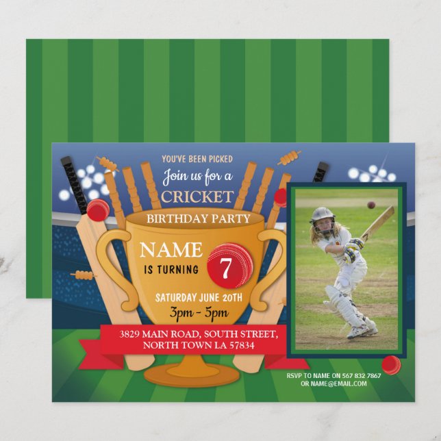 Cricket Birthday Photo Party Girl Boy Sports Theme Invitation (Front/Back)