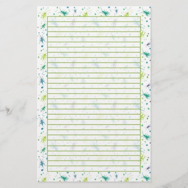 Cricket Bugs Watercolor Insects Green Lined Stationery (Front)