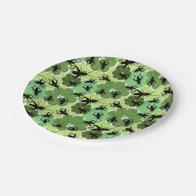 Cricket Floral Pattern Green and Black Paper Plate (Angled)
