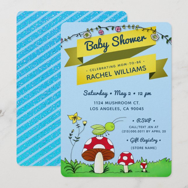 Cricket Garden Glitter Theme Blue Baby Shower Card (Front/Back)