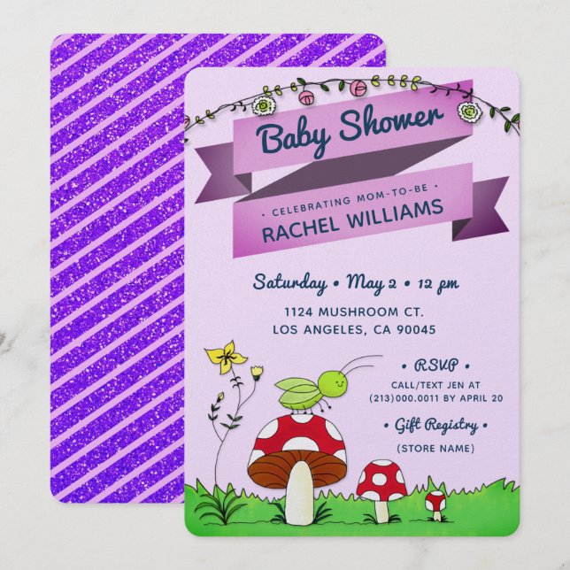 Cricket Garden Sparkle Purple Baby Shower Card (Front/Back)