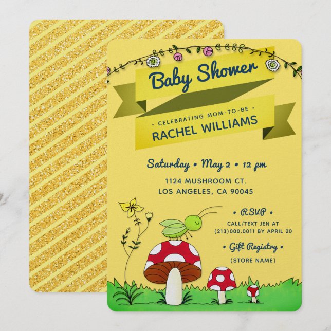 Cricket Glitter Theme Yellow Baby Shower Invite (Front/Back)