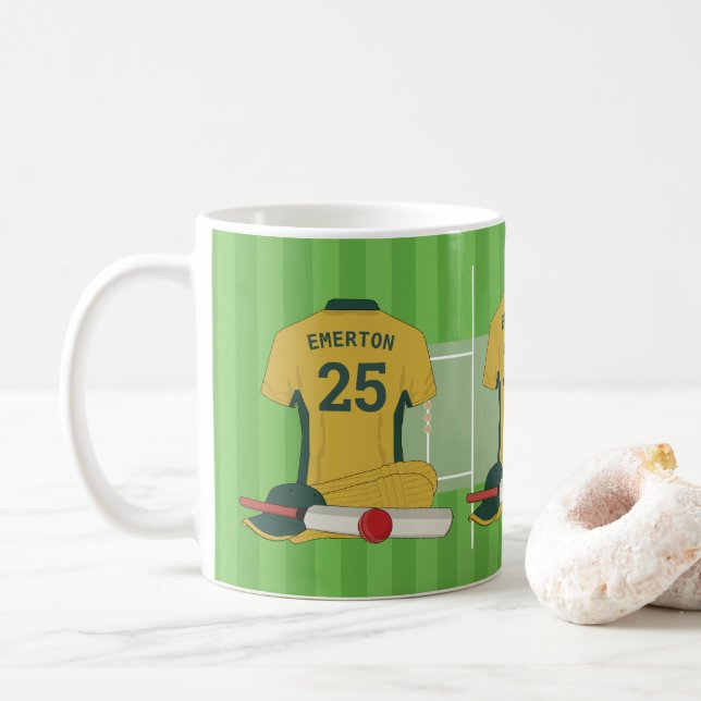 Cricket (gold and green ) fan/player coffee mug (With Donut)