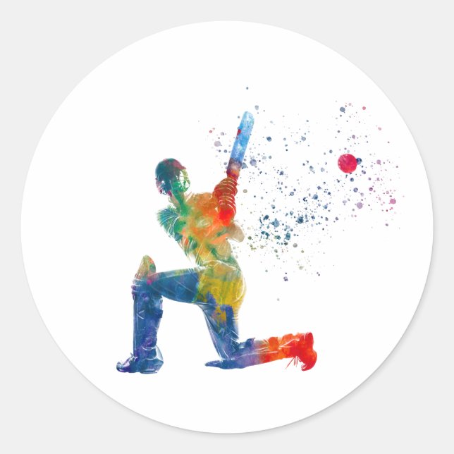 Cricket player in watercolor classic round sticker (Front)