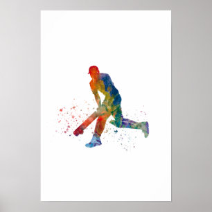 Cricket player in watercolor poster