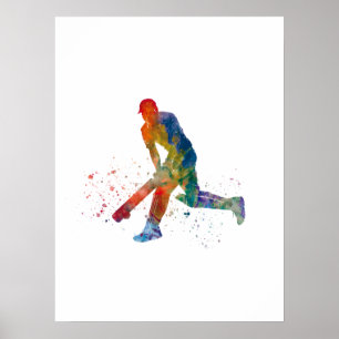 Cricket player in watercolor poster
