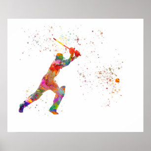 Cricket player in watercolor poster