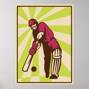cricket sports batsman batting retro poster