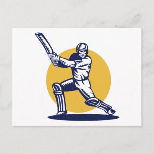 cricket sports player batsman batting woodcut postcard
