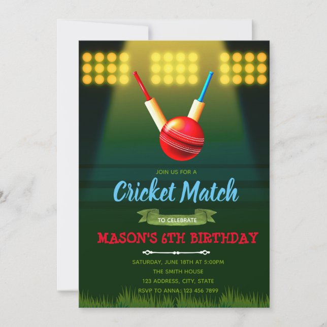 Cricket theme party invitation (Front)