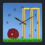Cricket, wicket and ball square wall clock<br><div class="desc">Cricket, wicket and ball custom wall clock.</div>