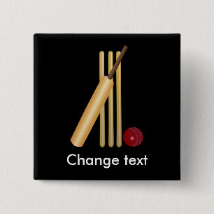 Cricket, wicket, bat and ball 15 cm square badge