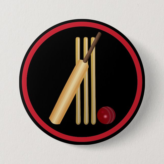 Cricket, wicket, bat and ball 7.5 cm round badge (Front)
