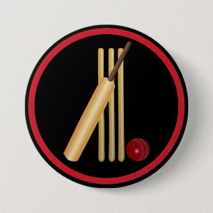 Cricket, wicket, bat and ball 7.5 cm round badge