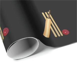 Cricket - Wicket, Bat and Ball, Black Background Wrapping Paper