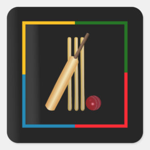 Cricket, wicket, bat and ball colourful design square sticker