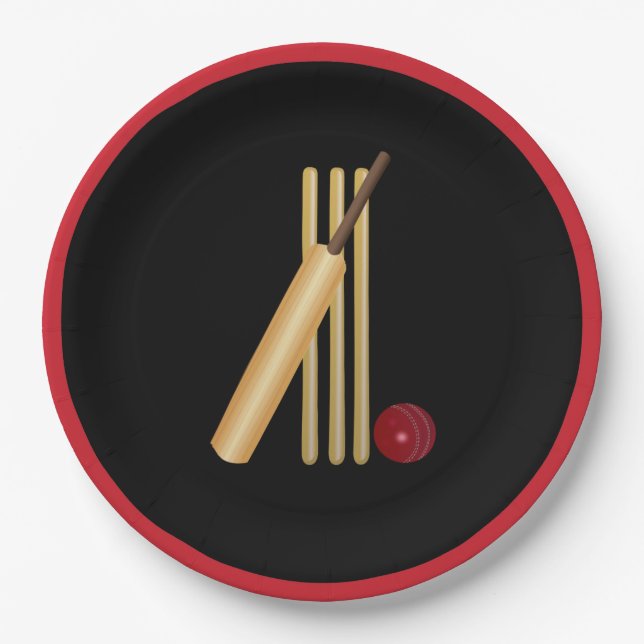 Cricket, wicket, bat and ball paper plate (Front)