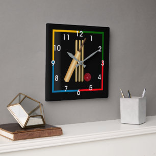 Cricket, wicket, bat and ball,  square wall clock